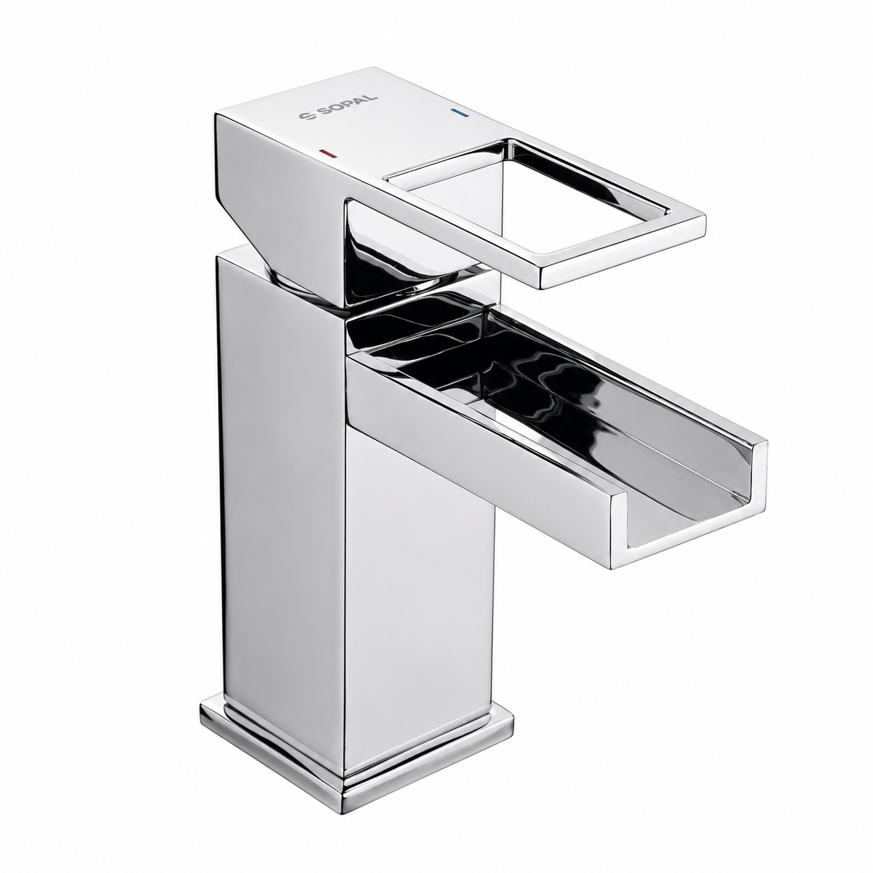 SOPAL Mitigeur de Lavabo Série Zaghouan Réf. 06EYA04 — Bec Cascade en U, Écoulement Cascade Naturel, Cartouche Céramique Ø35mm Water Saving, Chromé NF EN ISO 1456, Laiton, Monocommande, Garantie 5 Ans, Made in Tunisia | SQES Tunisie