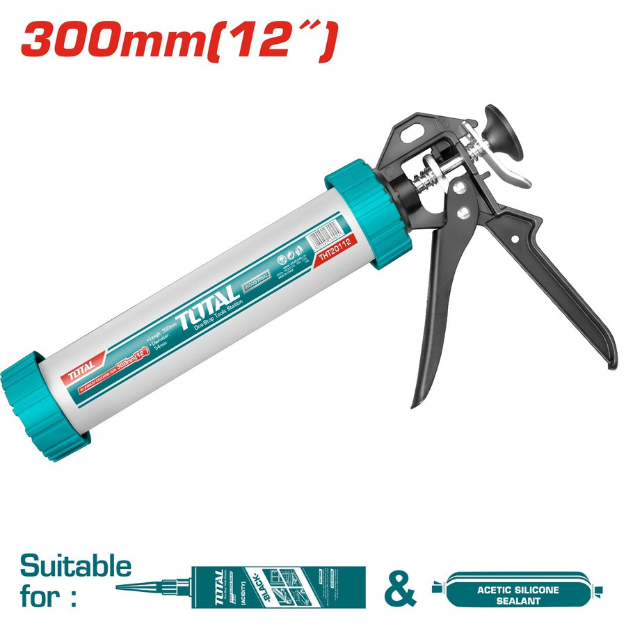 Pistolet à calfeutrer TOTAL 12" (300mm) – vérin double effet, cylindre aluminium Ø51mm, double cœur, silicone et mastics, étanchéité professionnelle