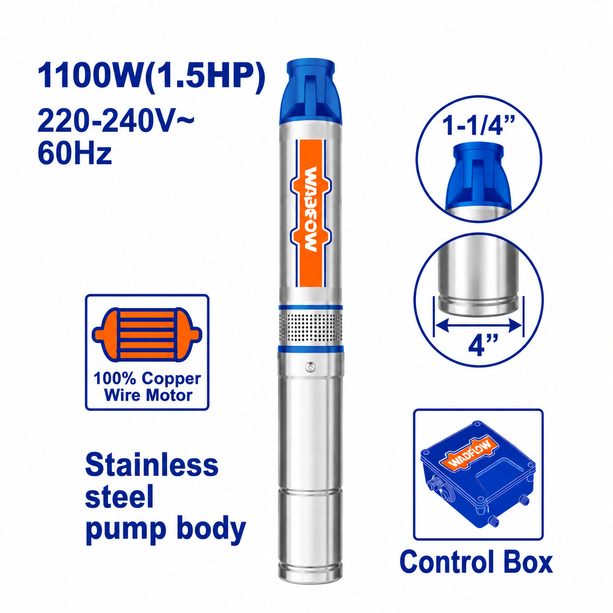 Pompe Immergée 1.5HP 1100W + Coffret WADFOW WWPD6041 — Puits Profond Irrigation Submersible | SQES Tunisie