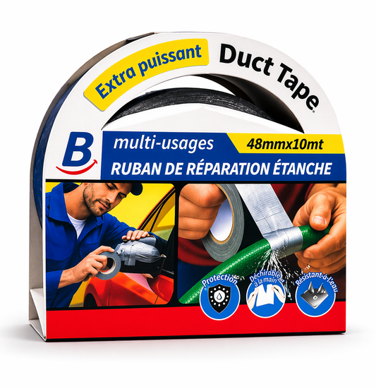 Duct Tape gaffeur gris BOSS TAPE 48mm x 10m, toile américaine ultra-résistante, déchirable à la main. Fixation, réparation, gainage. SQES Ariana Tunisie.