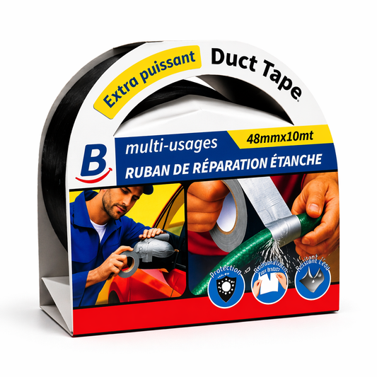 Duct Tape gaffeur noir BOSS TAPE 48mm x 10m, toile américaine ultra-résistante, déchirable à la main. Fixation, réparation, gainage. SQES Ariana Tunisie.