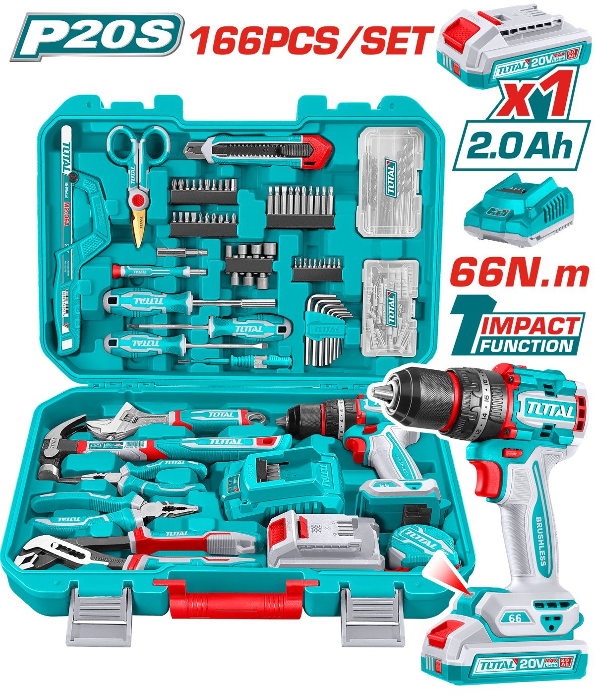 Coffret Outils 20V Perceuse Visseuse Brushless 166 Pièces TOTAL THKTHP41667