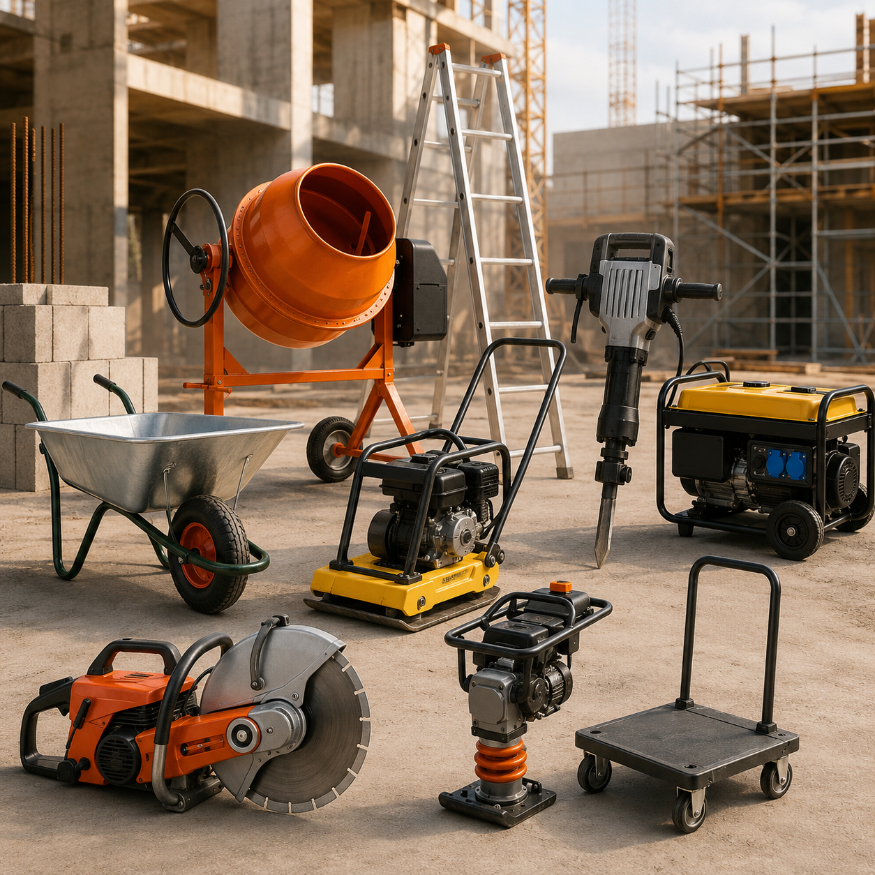 Équipements et machines de chantier : bétonnières, compresseurs, groupes électrogènes, échafaudages. Livraison rapide en Tunisie — SQES.