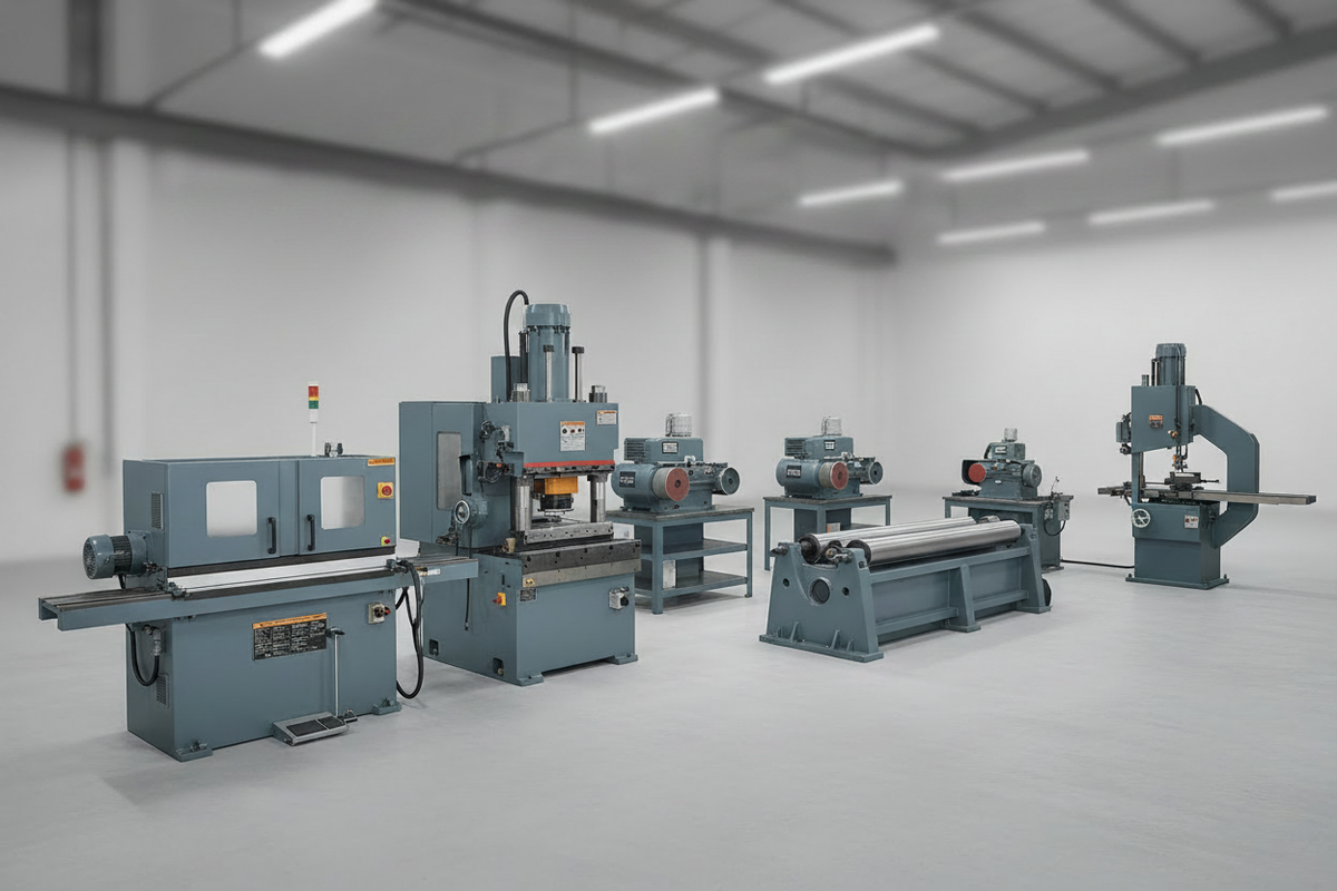 Machines de tôlerie et travail du métal : cisailles, plieuses, rouleuses, bordeuses, ponceuses, scies à ruban et équipements professionnels. Disponible chez SQES Tunisie.