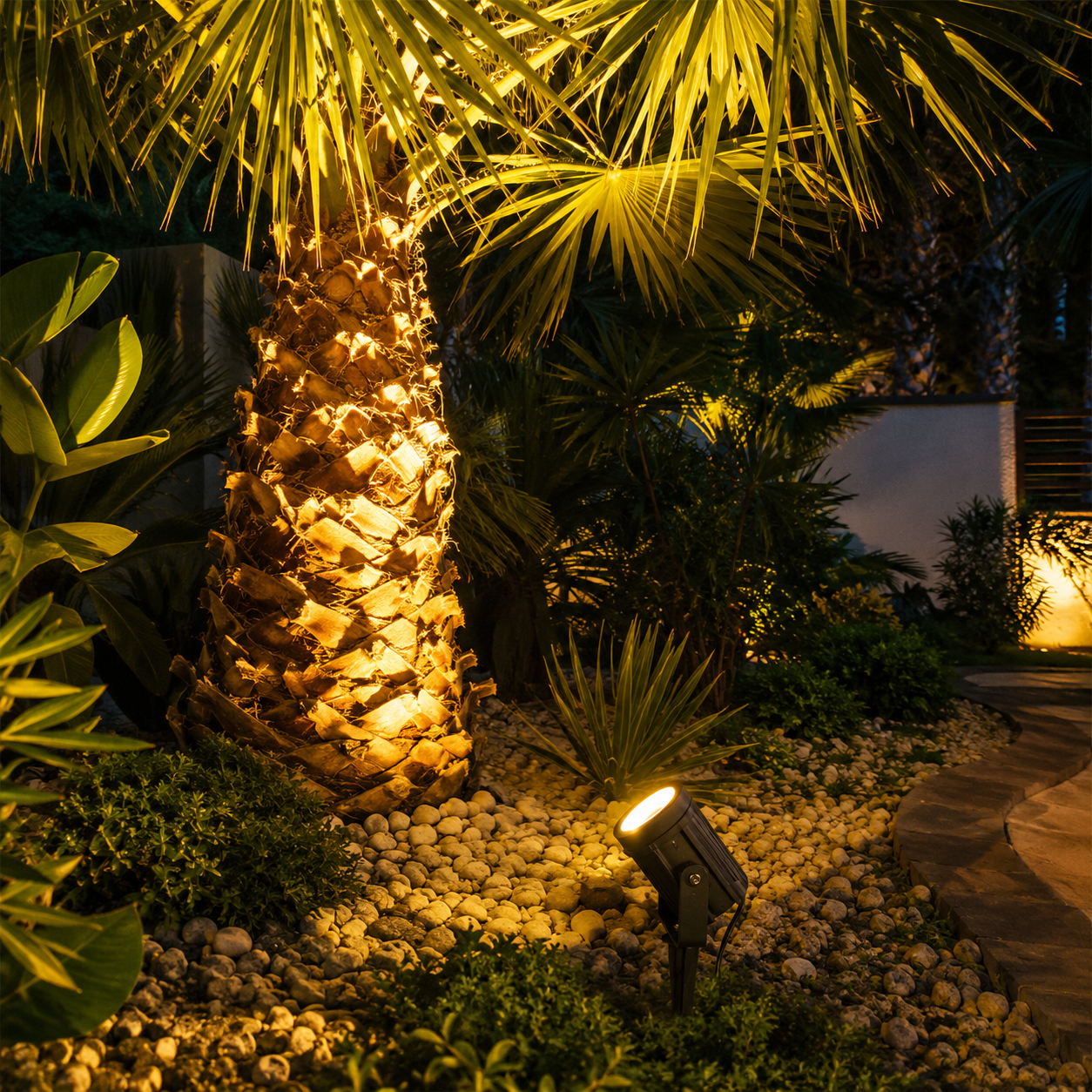 Éclairage allée jardin palmiers nuit, blanc chaud 3000K IP65 – SQES Ariana Menzah 8 Tunisie