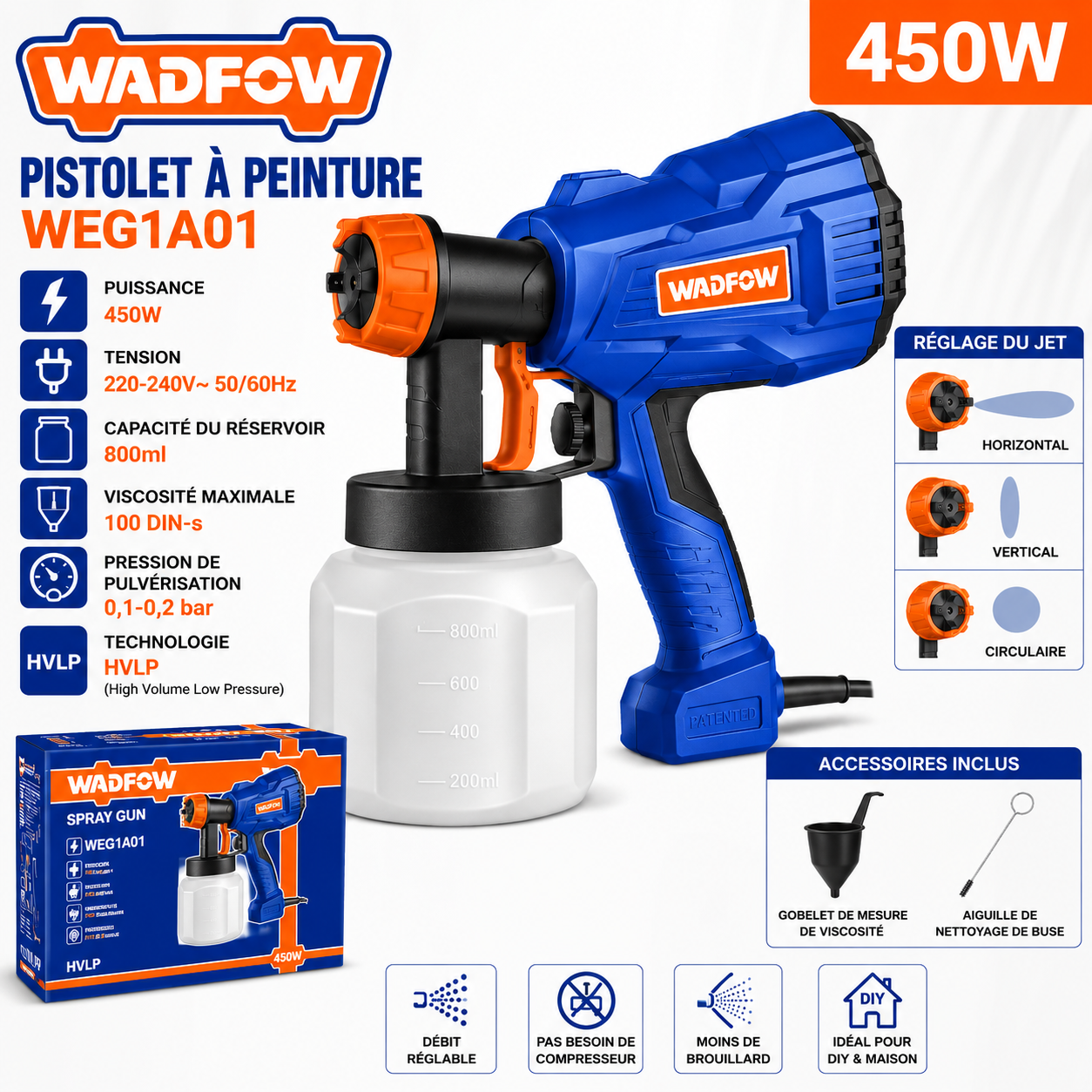 Pistolet à Peinture Électrique WADFOW WEG1A01 450W – Pulvérisateur 800ml