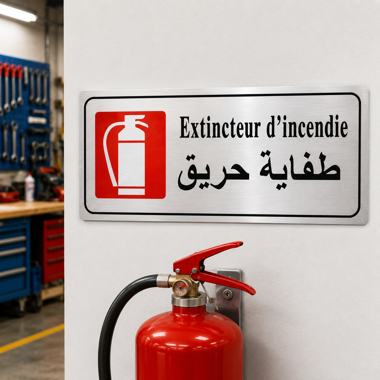 Plaque autocollante extincteur d'incendie طفاية حريق posée sur mur atelier avec extincteur rouge – signalisation sécurité quincaillerie SQES Tunisie