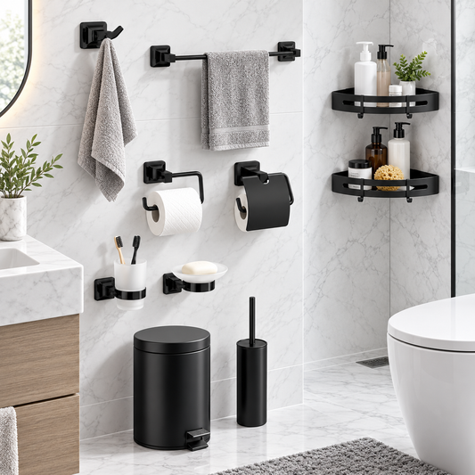 Pack 6 Accessoires Salle de Bain CaMeRo Noir – Porte-Serviette, Porte-Savon, Porte-Papier, Étagère