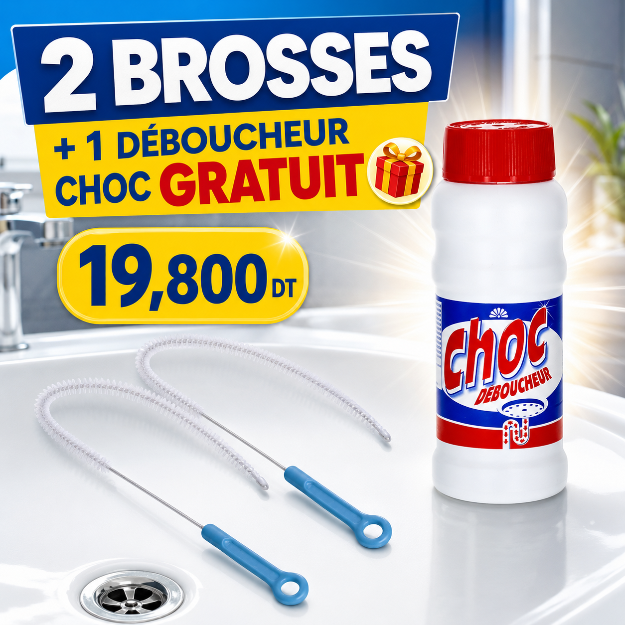 Pack Débouchage Canalisations – 2 Brosses + Déboucheur CHOC Gratuit