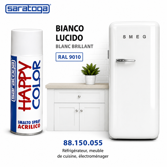 Spray Happy Color Blanc Brillant 400ml Saratoga – finition lumineuse sur bois, métal, verre. Séchage rapide. Meilleur prix Tunisie – SQES Ariana.