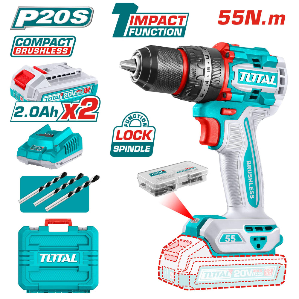Visseuse à Percussion 20V TOTAL TIDLI20558 – Brushless 55Nm Kit 2 Batteries + 50 Accessoires