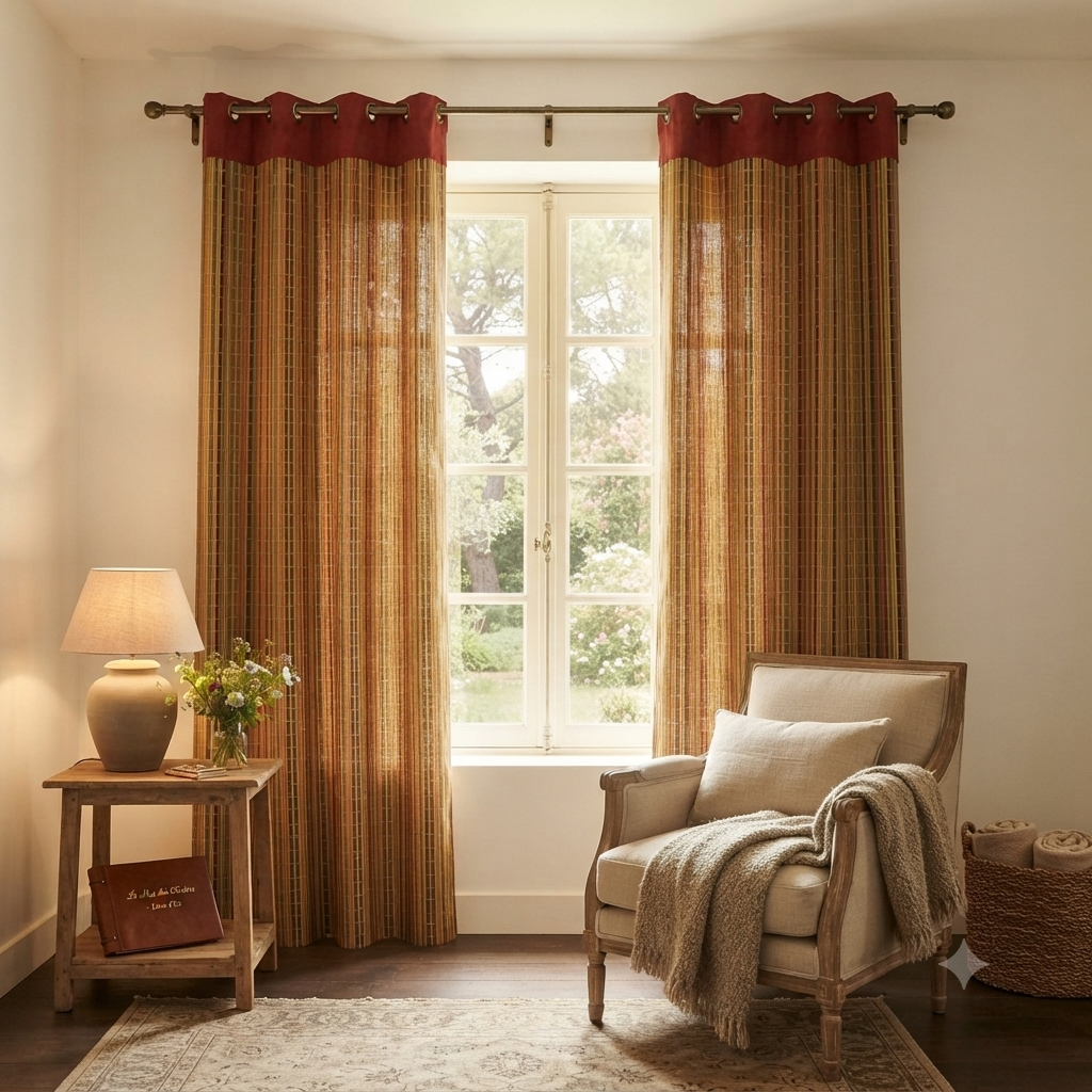 Rideau en bambou naturel avec bandeau rouge bordeaux – fixation œillets – tringle bronze antique – décoration fenêtre SQES Tunisie Ariana Menzah 8