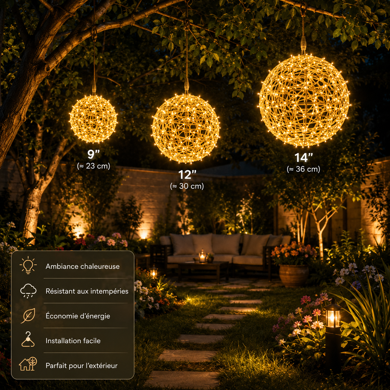 Boule lumineuse décorative LED tressée, blanc chaud. Dispo en 3 tailles. Livraison Tunisie – SQES Ariana Menzah 8.