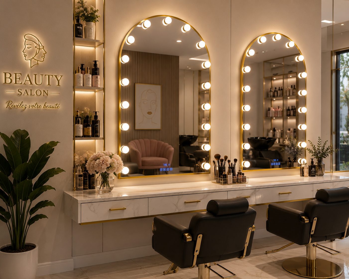 Miroir Hollywood LED cadre doré installé dans un salon de beauté élégant – éclairage maquillage professionnel | SQES