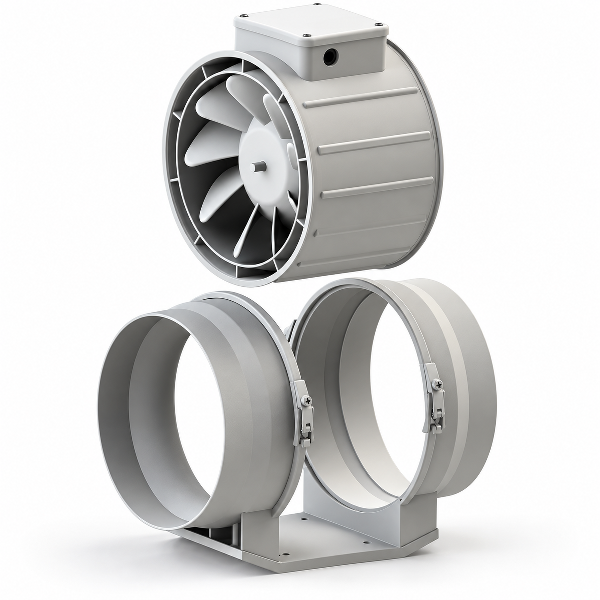 Extracteur d’air axial industriel en ligne avec raccords circulaires et boîtier électrique supérieur.