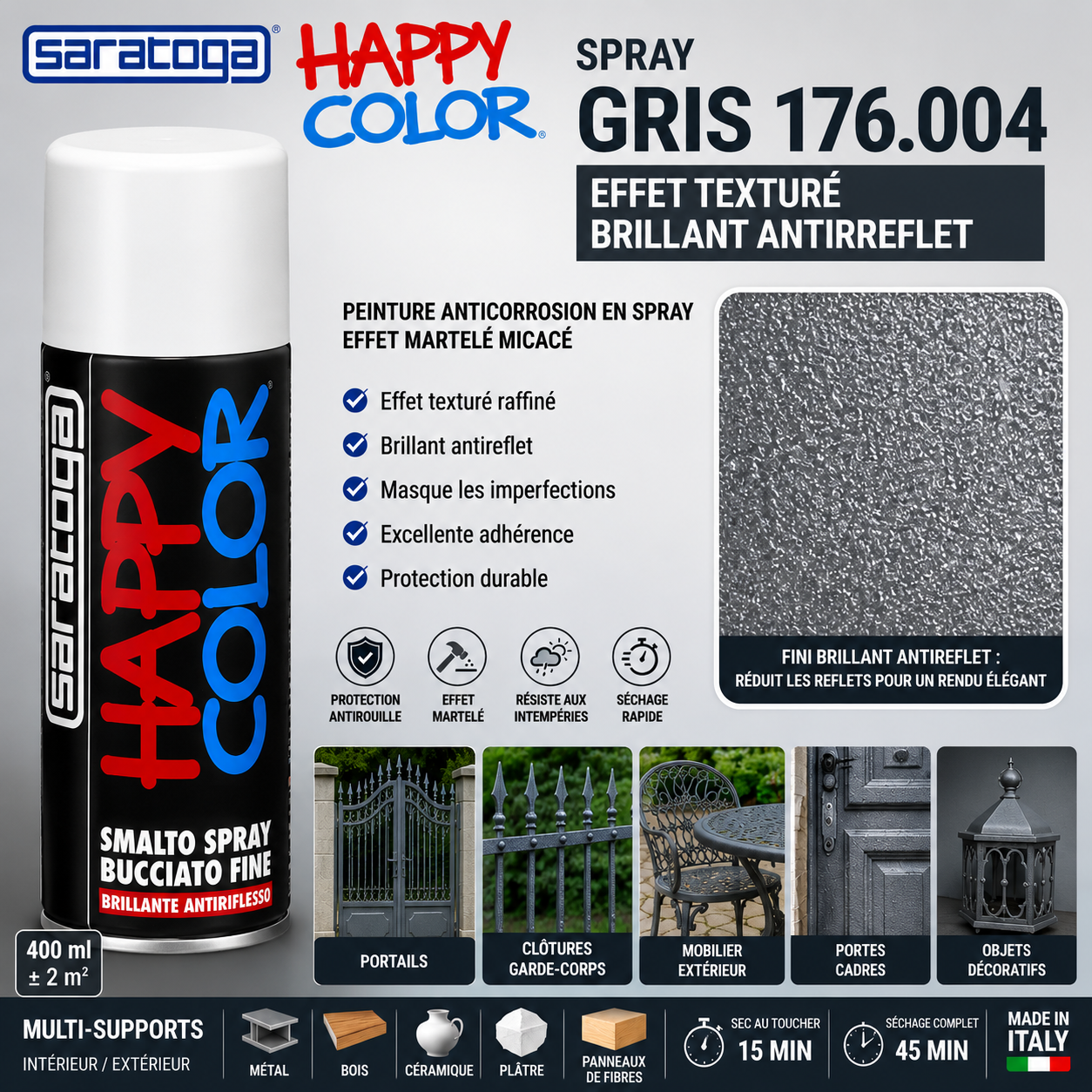 Spray Saratoga Happy Color Bucciato Gris 176.004 effet texturé brillant antireflet pour bois, métal et objets décoratifs.