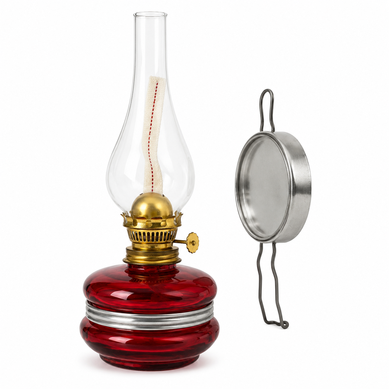Lampe à huile murale RetroTime verre rouge allumée, brûleur doré, cheminée verre transparent, support métallique, fond blanc – SQES Ariana Menzah 8 Tunisie