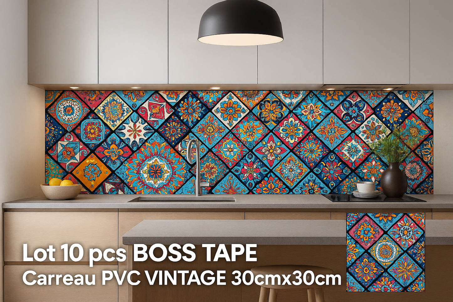 Carreau PVC Autocollant Vintage 30cm x 30cm Lot 10 pcs BOSS TAPE