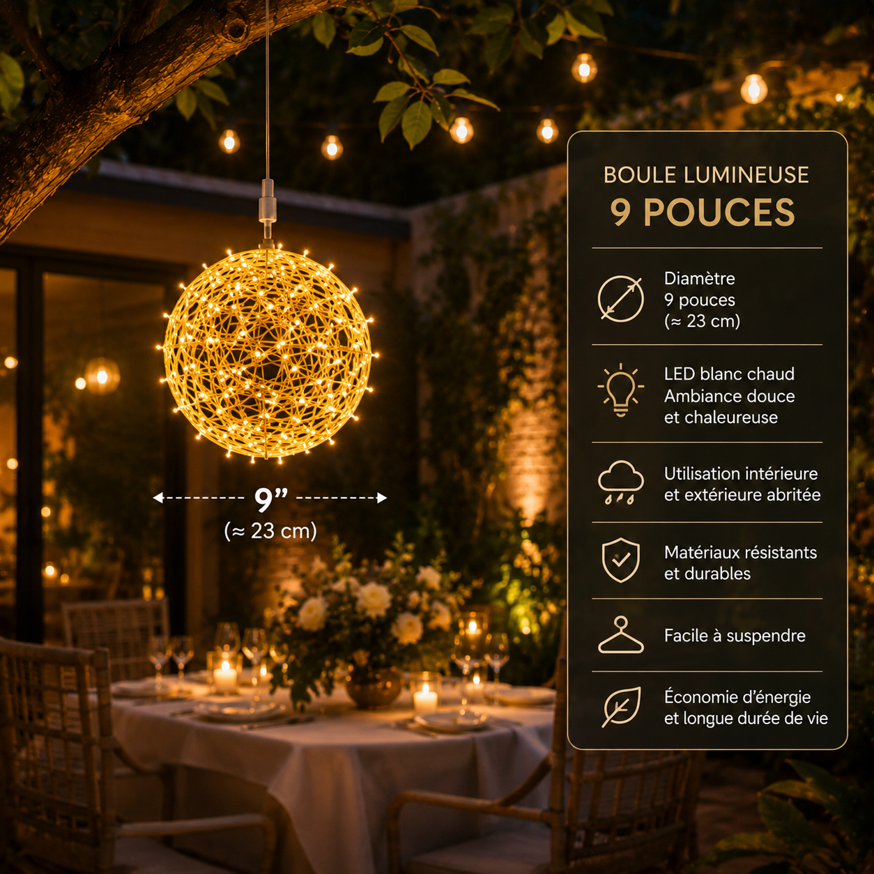 Boule lumineuse décorative LED tressée, blanc chaud. Dispo en 3 tailles. Livraison Tunisie – SQES Ariana Menzah 8.