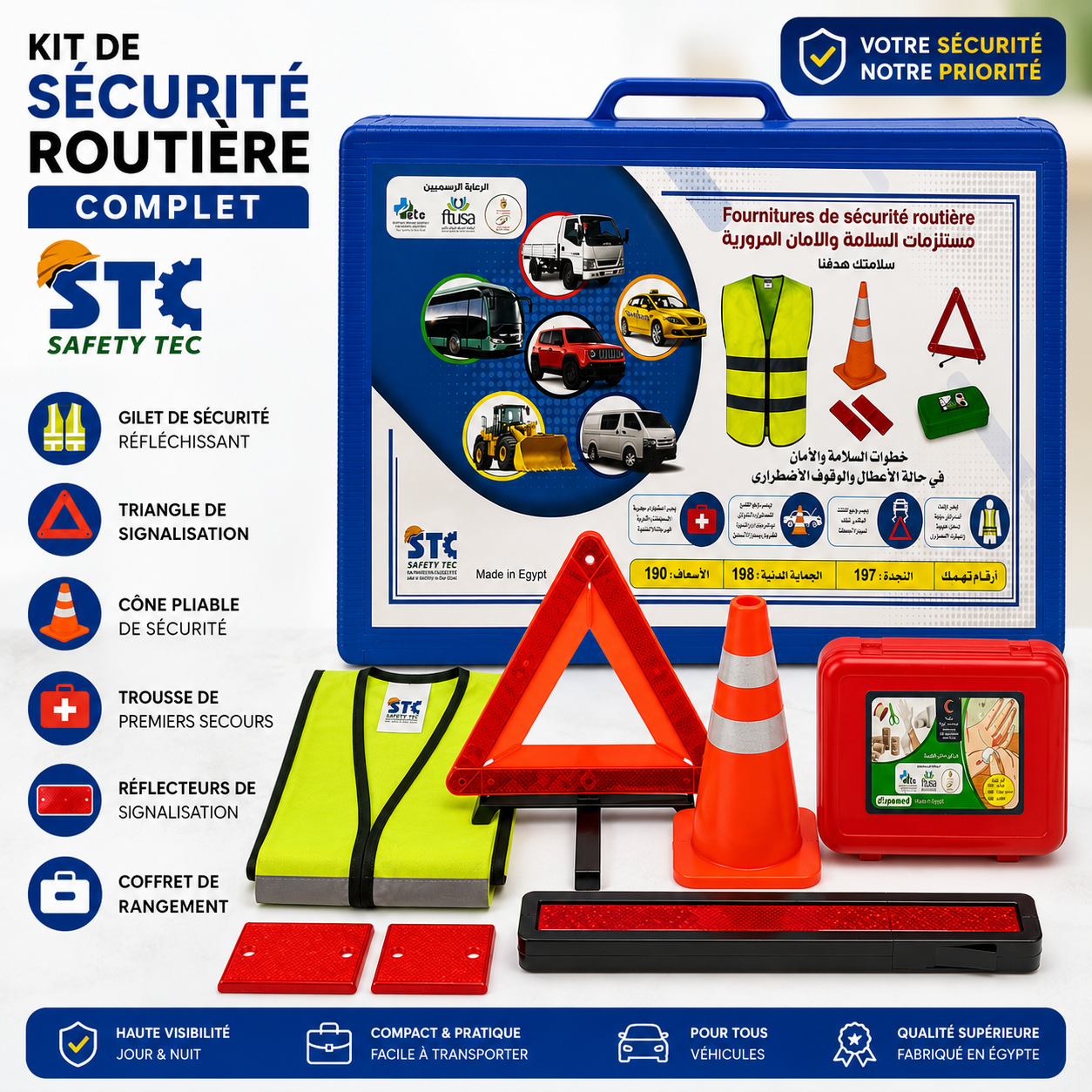 Kit de Sécurité Routière Complet STC – Gilet, Triangle, Trousse & Cône