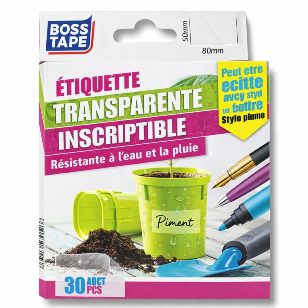 Étiquettes Transparentes Amovibles BOSS TAPE 50×80 mm – 30 Pièces