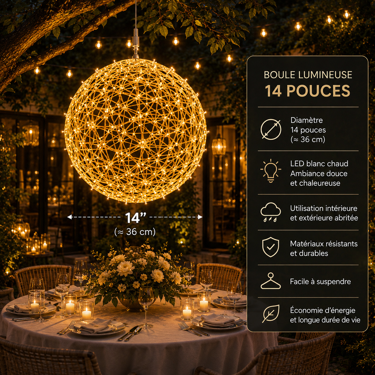 Boule lumineuse décorative LED tressée, blanc chaud. Dispo en 3 tailles. Livraison Tunisie – SQES Ariana Menzah 8.