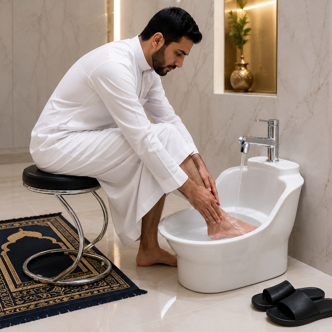 Homme effectuant ses ablutions Wudu avec lavabo bidet céramique 2en1, lavage des pieds en position assise – meilleur prix Tunisie SQES Ariana Menzah 8