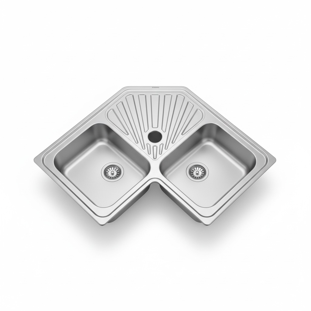 Évier d'Angle en Inox 2 Cuves avec Égouttoir 830x830mm