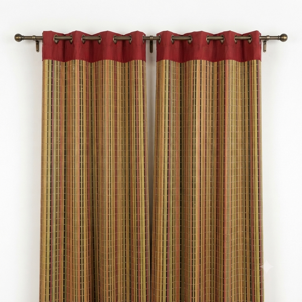 Rideau en bambou naturel avec bandeau rouge bordeaux – fixation œillets – tringle bronze antique – décoration fenêtre SQES Tunisie Ariana Menzah 8