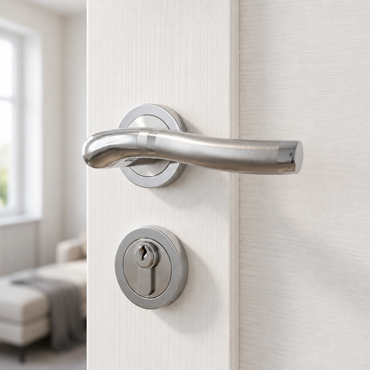 Vue rapprochée poignée porte MARIANA ECO chromé sur rosace ronde RIVE BLOC – sqes menzah 8 bricolage meilleur prix en tunisie