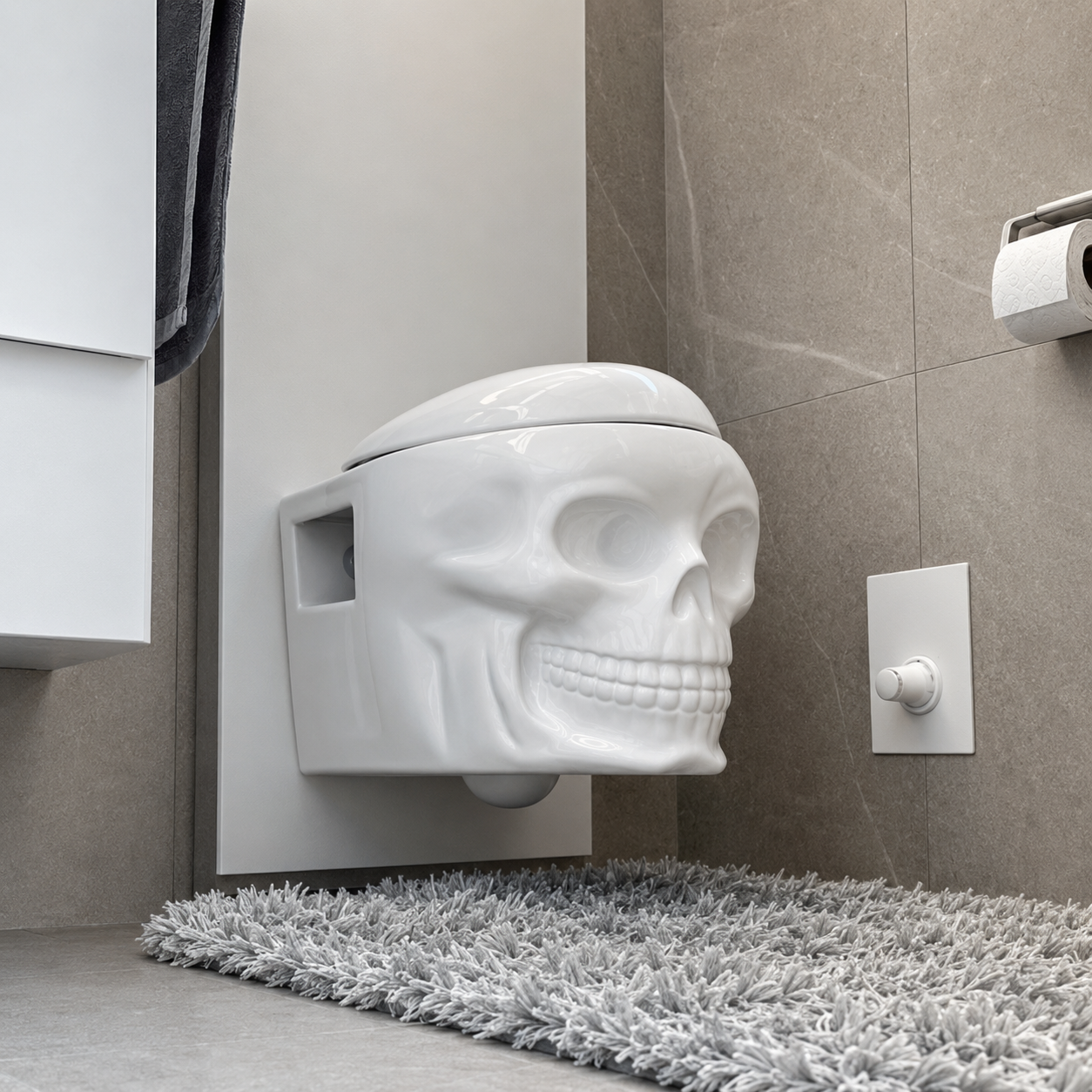 WC Suspendu Design Crâne – Céramique Blanche Brillante | Yeux LED