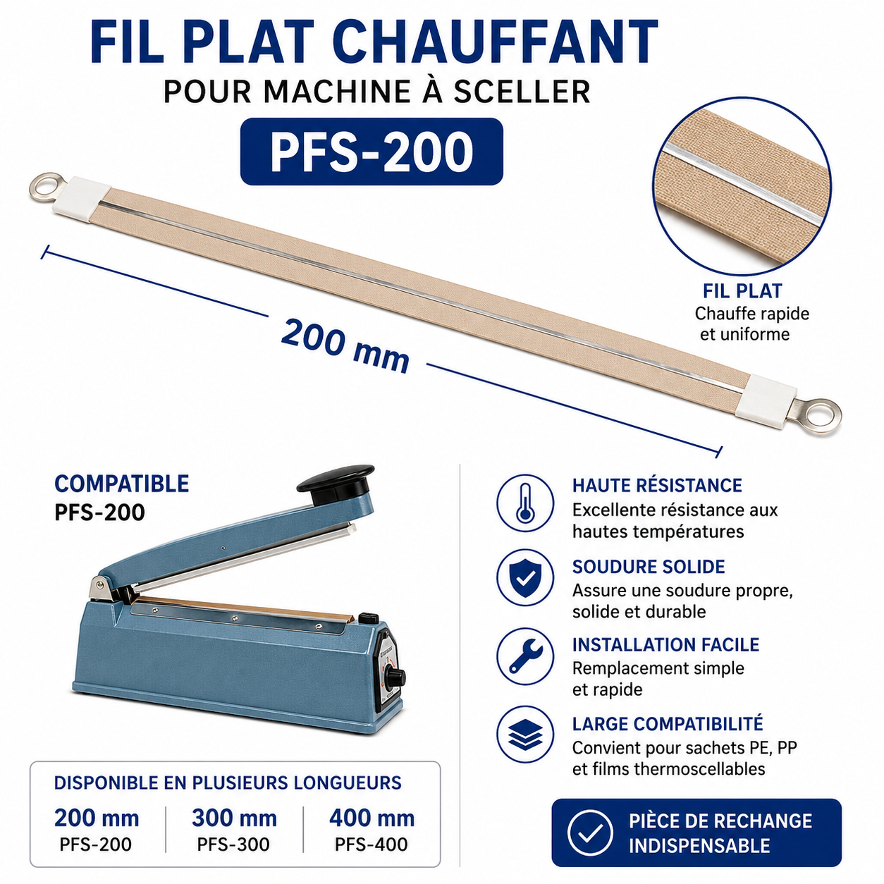 Fil plat chauffant 200mm pour machine à sceller PFS-200 Nichrome – dimensions et compatibilité – pièce de rechange SQES Tunisie
