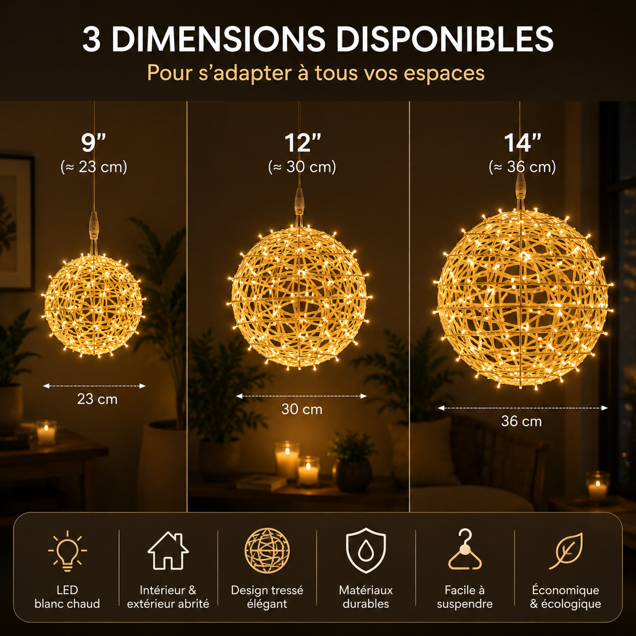 Boule lumineuse décorative LED tressée, blanc chaud. Dispo en 3 tailles. Livraison Tunisie – SQES Ariana Menzah 8.