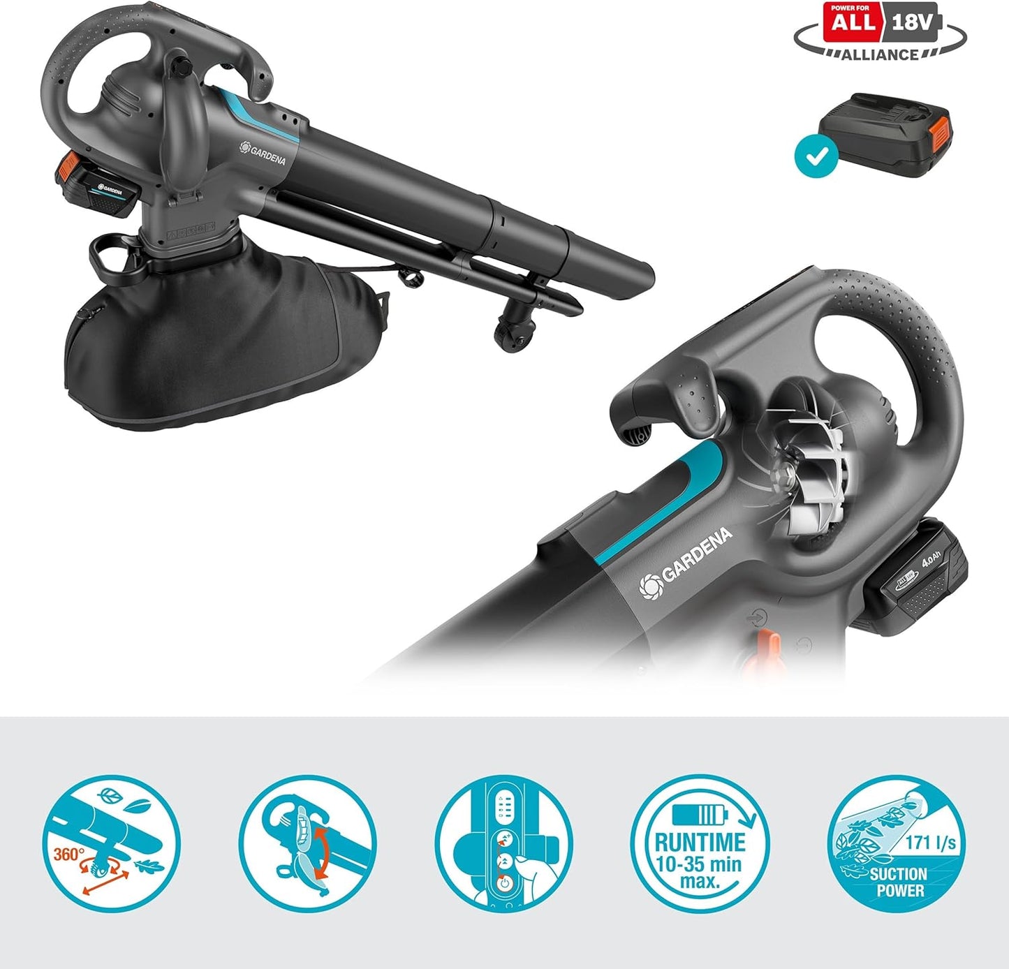 Aspirateur Souffleur Broyeur 3-en-1 PowerJet Collect 18V P4A Prêt — Réf. 14895-20
