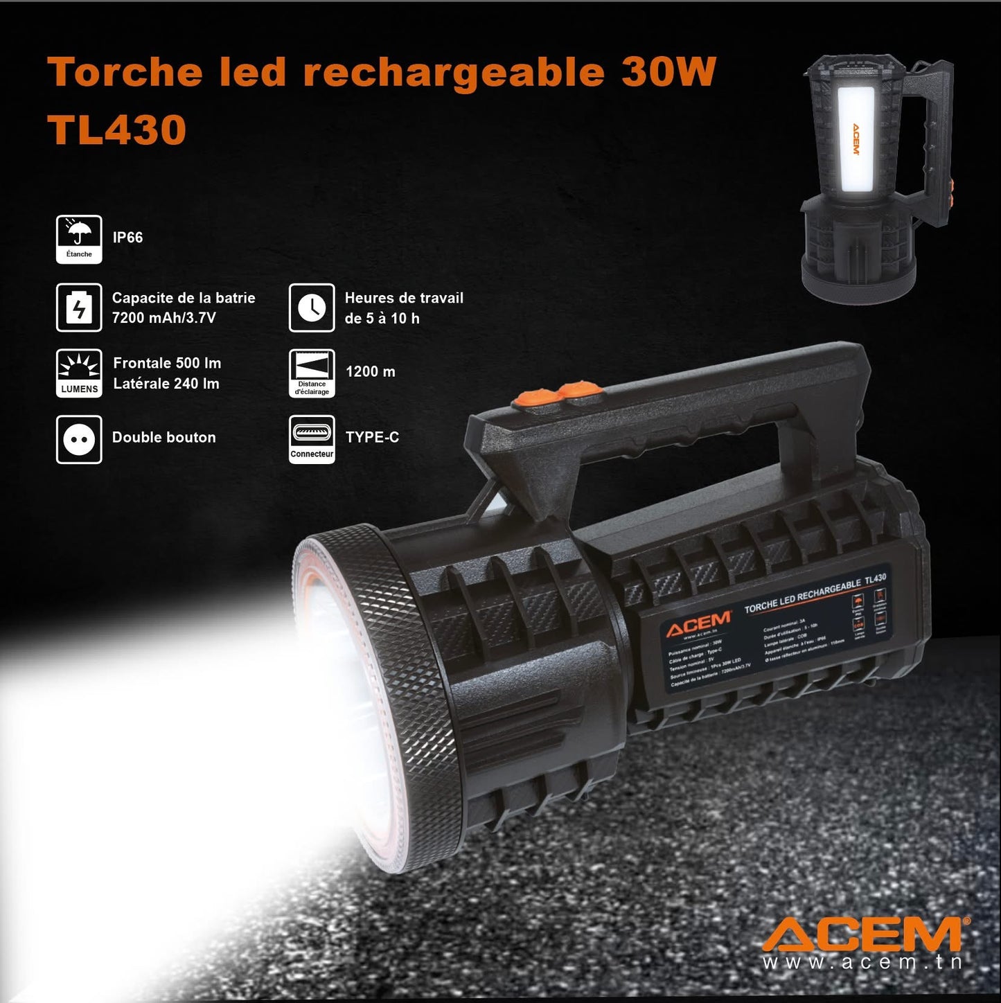 Torche LED Rechargeable 30W ACEM TL430 – IP66