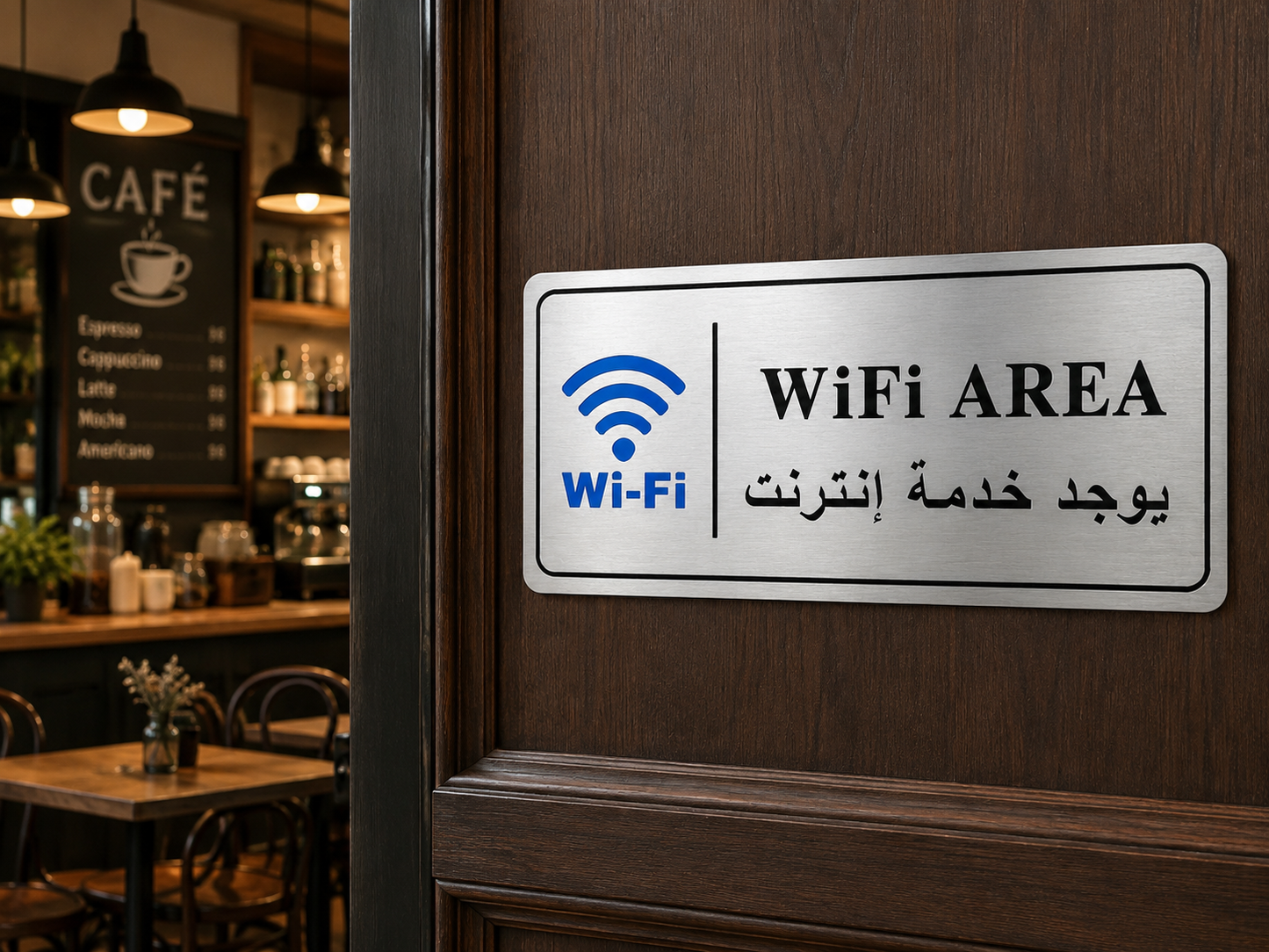 Plaque adhésive WiFi Area يوجد خدمة إنترنت bilingue anglais-arabe posée sur porte café – signalisation SQES Tunisie Ariana Menzah 8