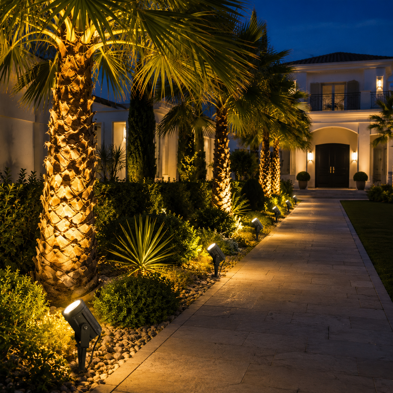 Éclairage allée jardin palmiers nuit, blanc chaud 3000K IP65 – SQES Ariana Menzah 8 Tunisie