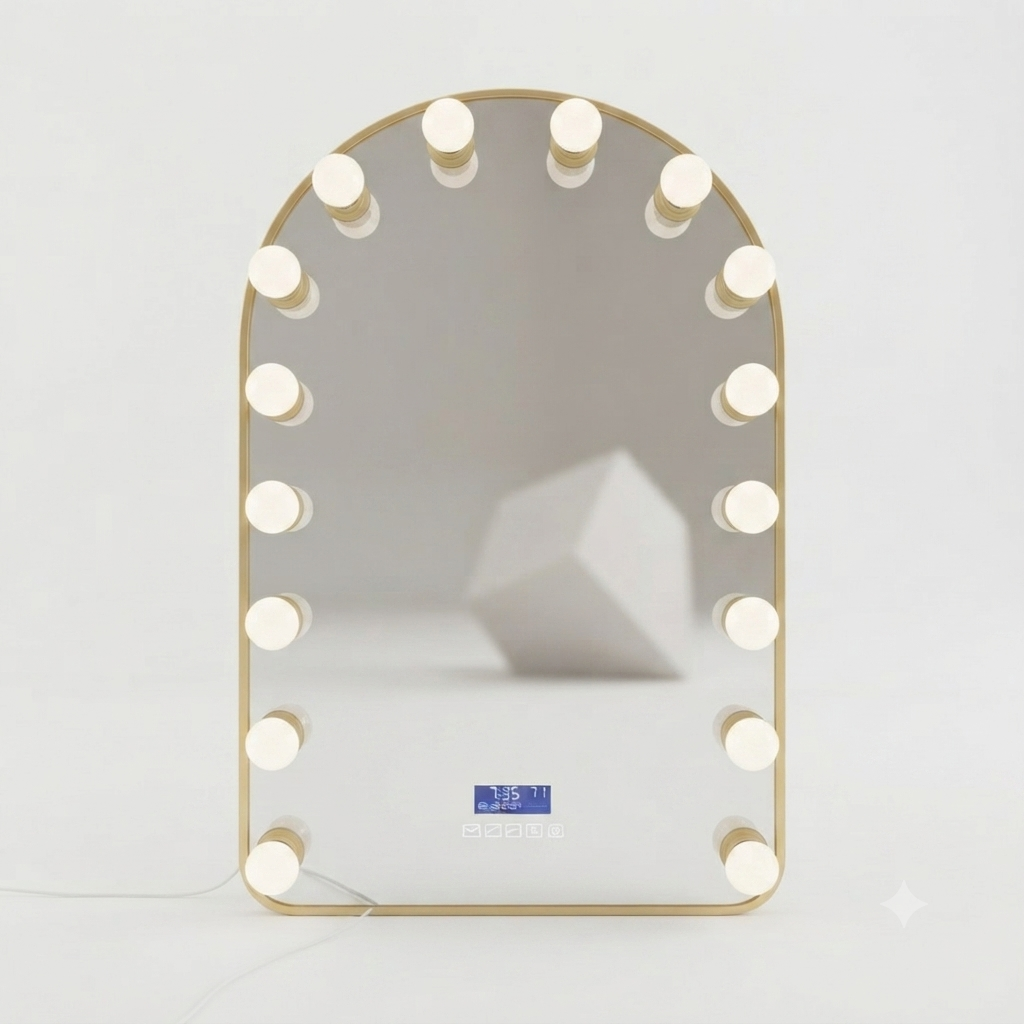 Miroir Hollywood LED cadre doré avec ampoules périphériques et écran tactile – fond blanc | SQES Tunisie