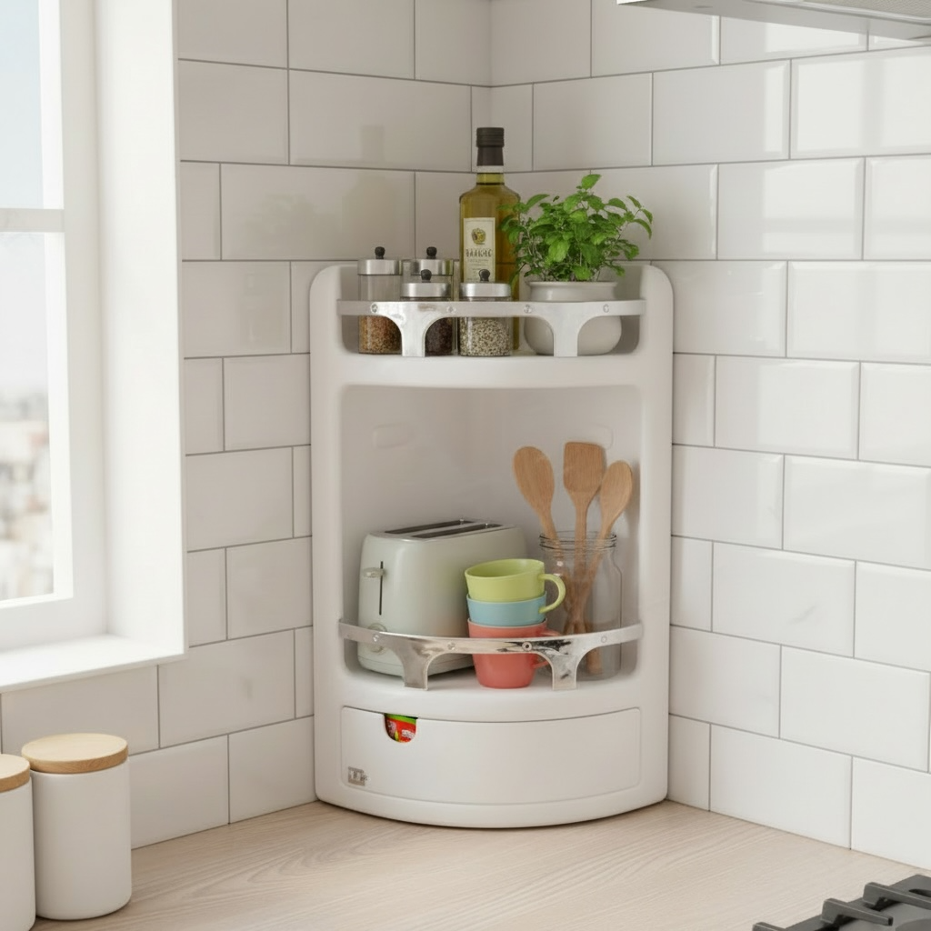 Étagère d'Angle Salle de Bain Blanc Chromé Grand Modèle