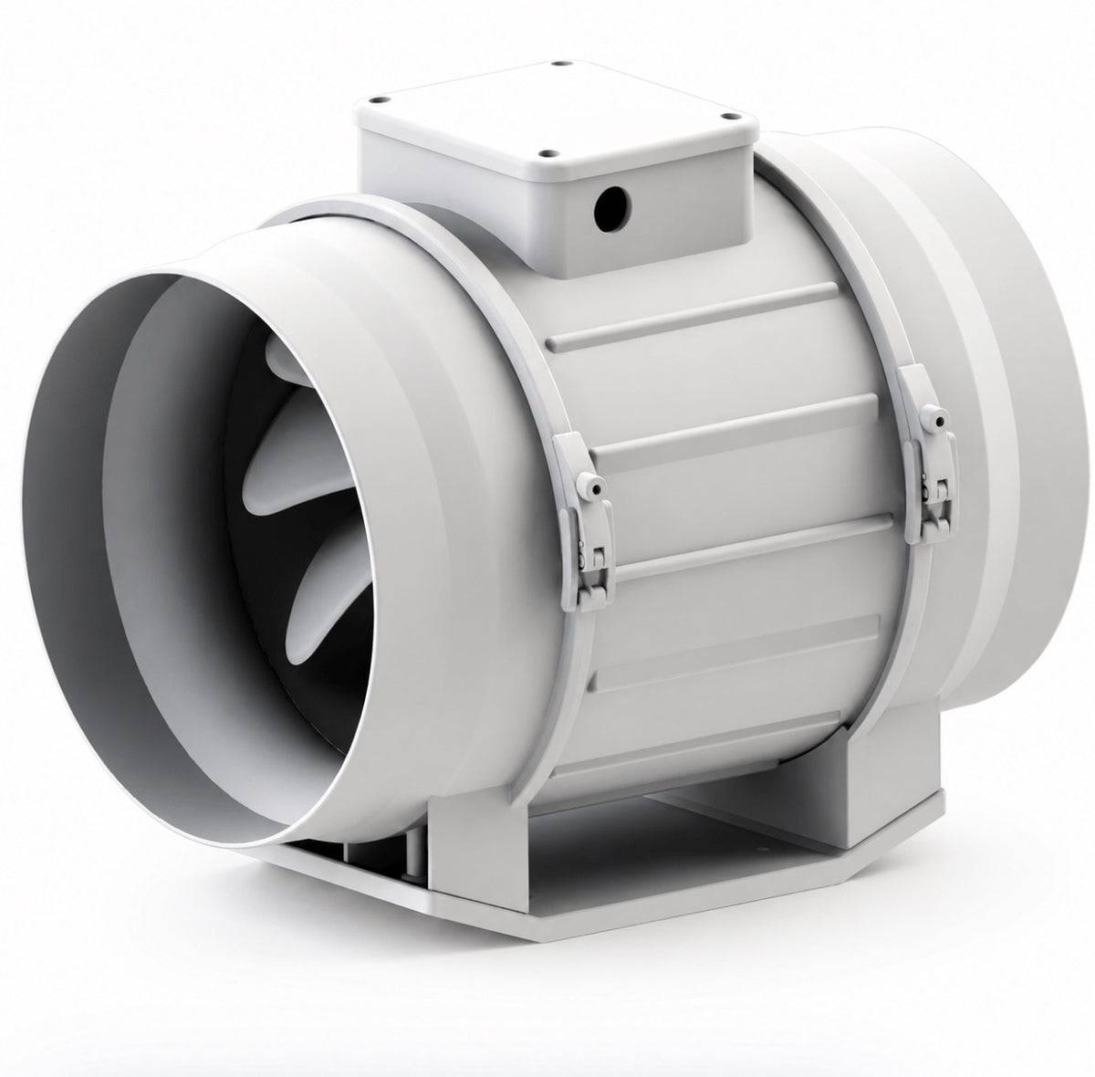 Extracteur d’air axial industriel en ligne avec raccords circulaires et boîtier électrique supérieur.