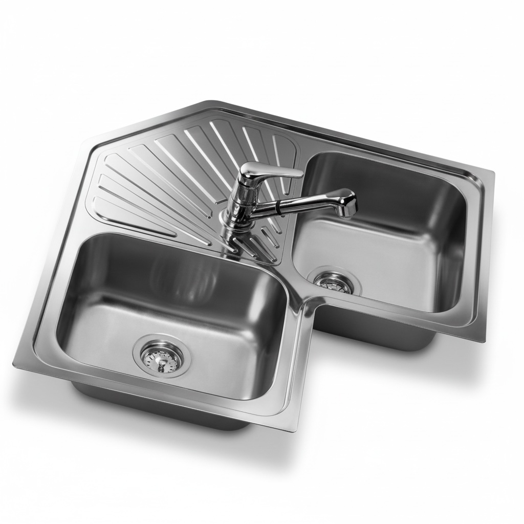 Évier d'Angle en Inox 2 Cuves avec Égouttoir 830x830mm
