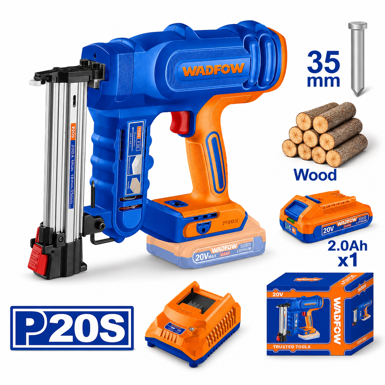 Cloueur sans fil 20V WADFOW P20S avec batterie 2.0Ah, chargeur et coffret – cloueur électrique pour bois 35 mm