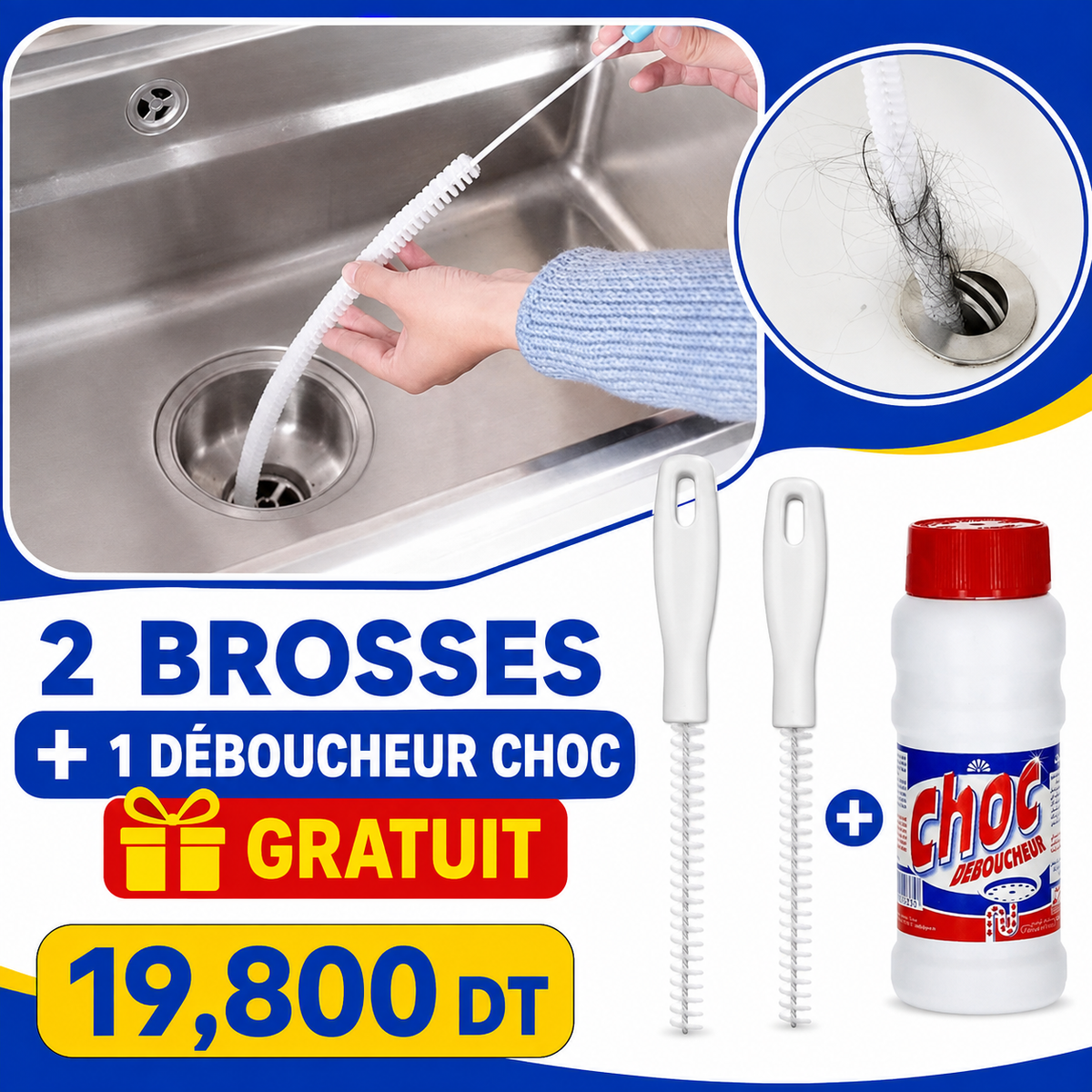 Pack Débouchage Canalisations – 2 Brosses + Déboucheur CHOC Gratuit