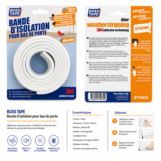 Bande d'Isolation Bas de Porte BOSS TAPE Mousse PE 38mm × 100cm Blanc