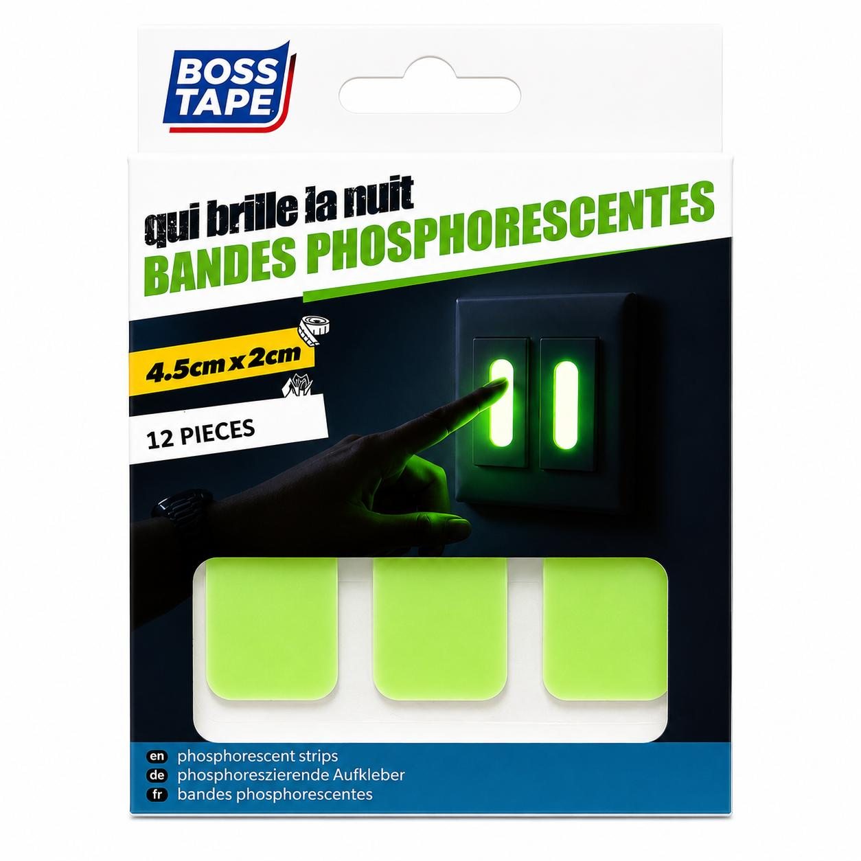 Bandes Phosphorescentes BOSS TAPE 4,5 x 2 cm - 12 Pièces