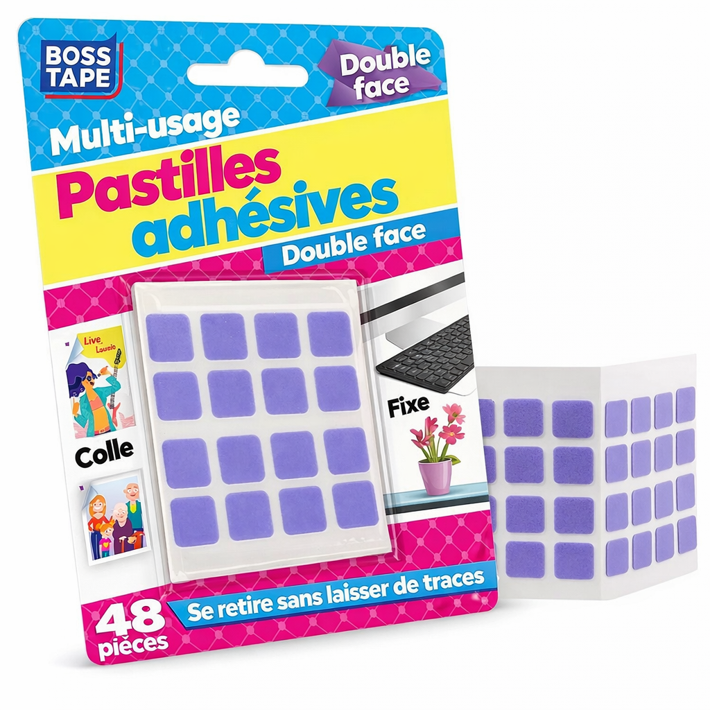 Tampons Adhésif BOSS TAPE Double Face 12mmx12mm (48pcs) – Polyvalent