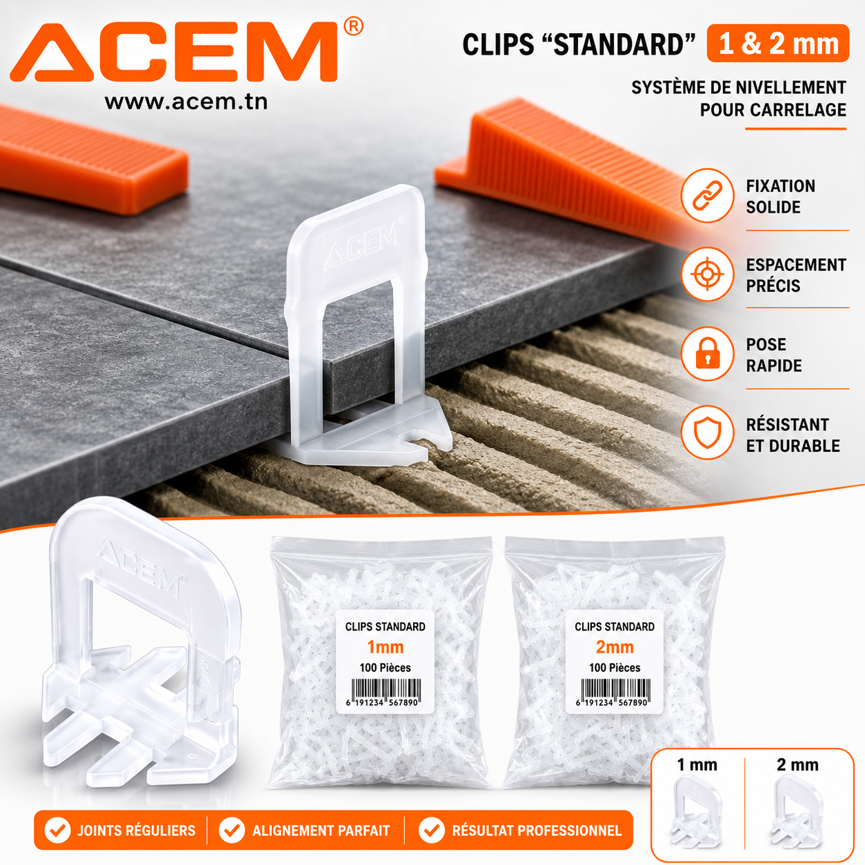 Clips de carrelage ACEM Standard 1 mm et 2 mm pour système de nivellement de carrelage, sachets de 100 pièces, accessoires de pose de carrelage pour espacement précis et finition professionnelle.