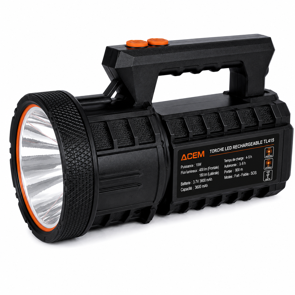 Torche LED Rechargeable 15W IP66 – Batterie 3600 mAh – USB Type-C – TL415