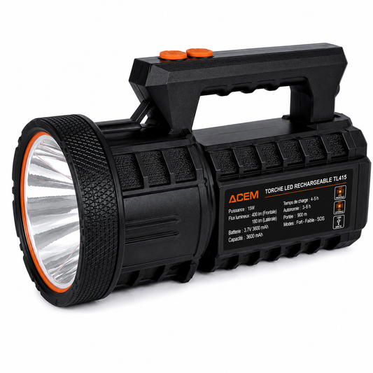 Torche LED Rechargeable 15W IP66 – Batterie 3600 mAh – USB Type-C – TL415