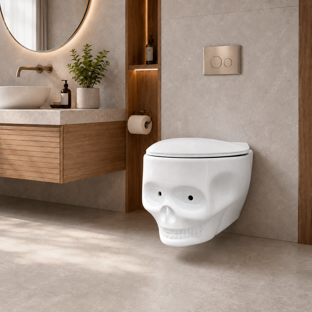 WC Suspendu Design Crâne – Céramique Blanche Brillante | Yeux LED